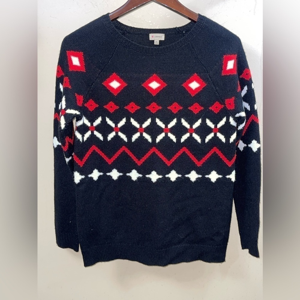 DANIEL CREMIEUX Black Sweater with Red and White Jacquard pattern. Size XS